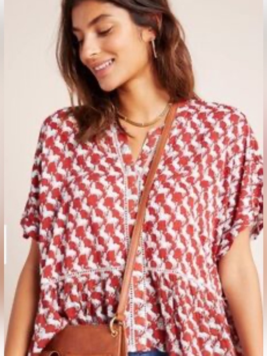 Anthropologie Tops - Anthropologie Red and White Horse-Print Button-Front Blouse